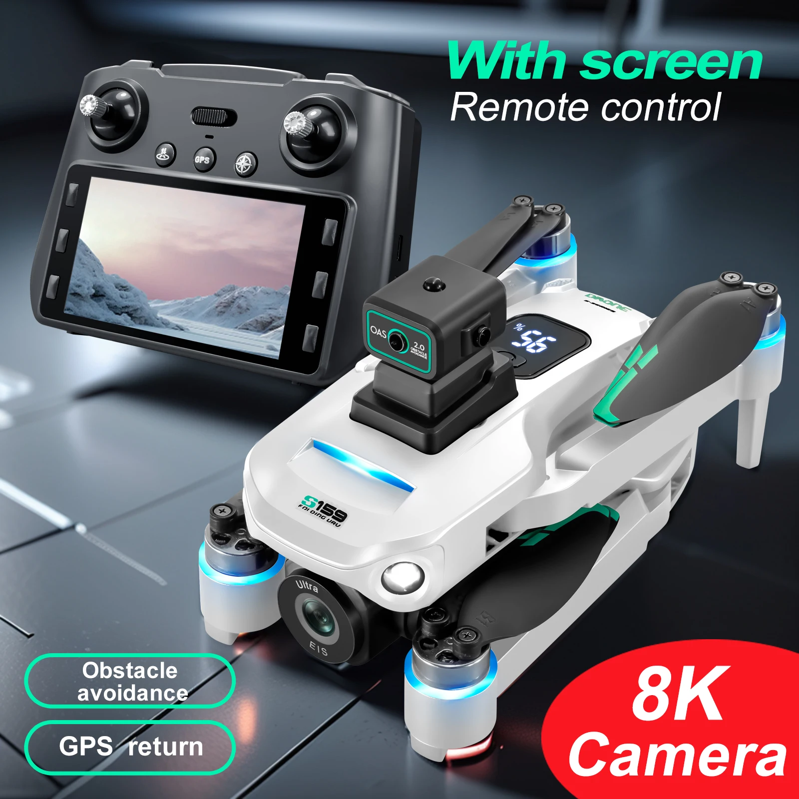 ZNLYRIONS159 GPS Drone with Built-in Screen Remote 8K Camera Brushless Motor Optical Flow + GPS Dual Positioning and Auto Return Home