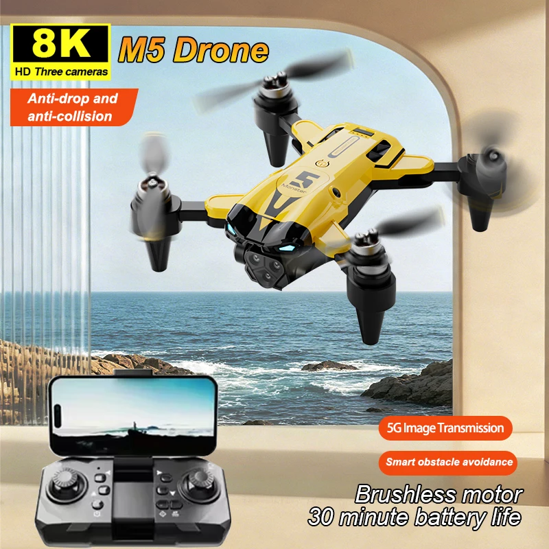 ZNLYRION Mini Drone M5 Brushless8K Three Cameras Optical Flow Hover Foldable FPV RC Quadcopter Obstacle Avoidance Drone Toy