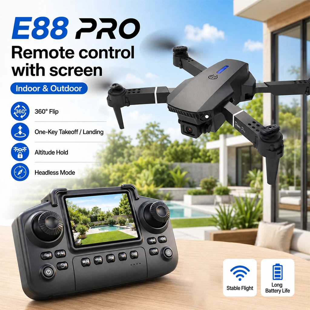ZNLYRION Foldable FPV Drone E88 Pro with Screen Remote, 480P Dual Camera, Altitude Hold, Headless Mode, and LED Night Light