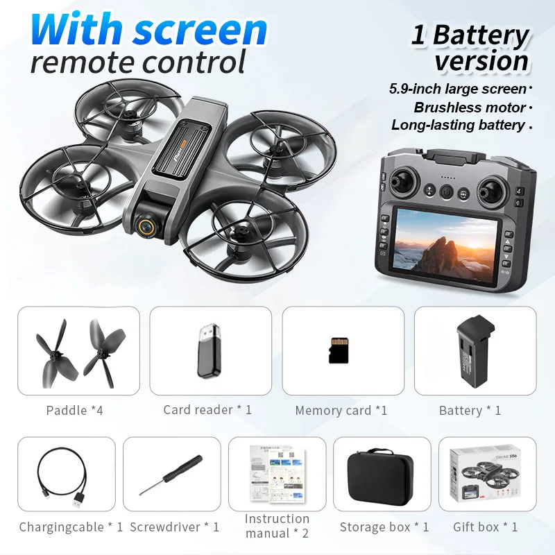 ZNLYRION S156 Brushless Drone with 4.5-inch Screen Remote 720P HD Camera 360° Protection Optical Flow Hover 15Mins Flight RC Quadcopter