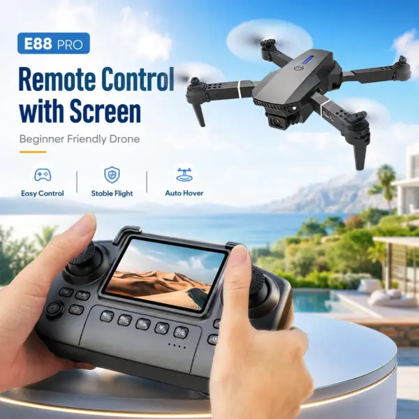ZNLYRION E88 Pro FPV Drone with Screen Remote Control 480P Dual Camera 10Mins Flight Time Altitude Hold 6-Axis Gyro Foldable RC Quadcopter