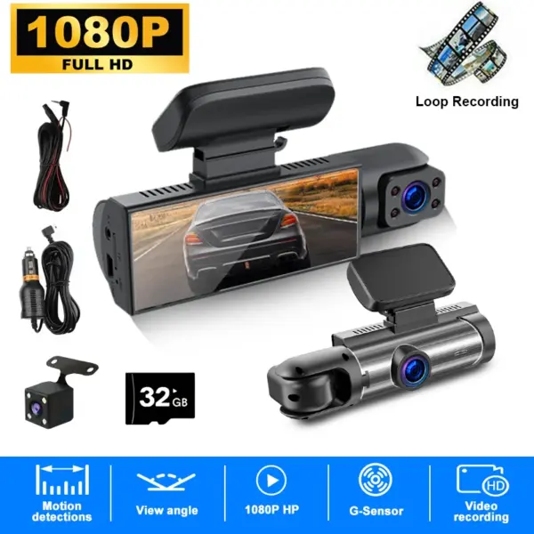 ZNLYRION 3 Channel Dash Cam FHD 1080P Front Inside Rear Triple Lens Car DVR Dashboard Camera Night Vision G-Sensor Loop Recording Motion Detection Car Dashcam