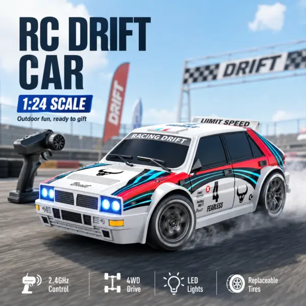 ZNLYRION RC Drifting Race Car 1:24 Scale 4 Wheel Drive 20km/h Adjustable High/Low Speed With Spare Drift Tires LED Headlight Taillight RC Toy For Boys Adult