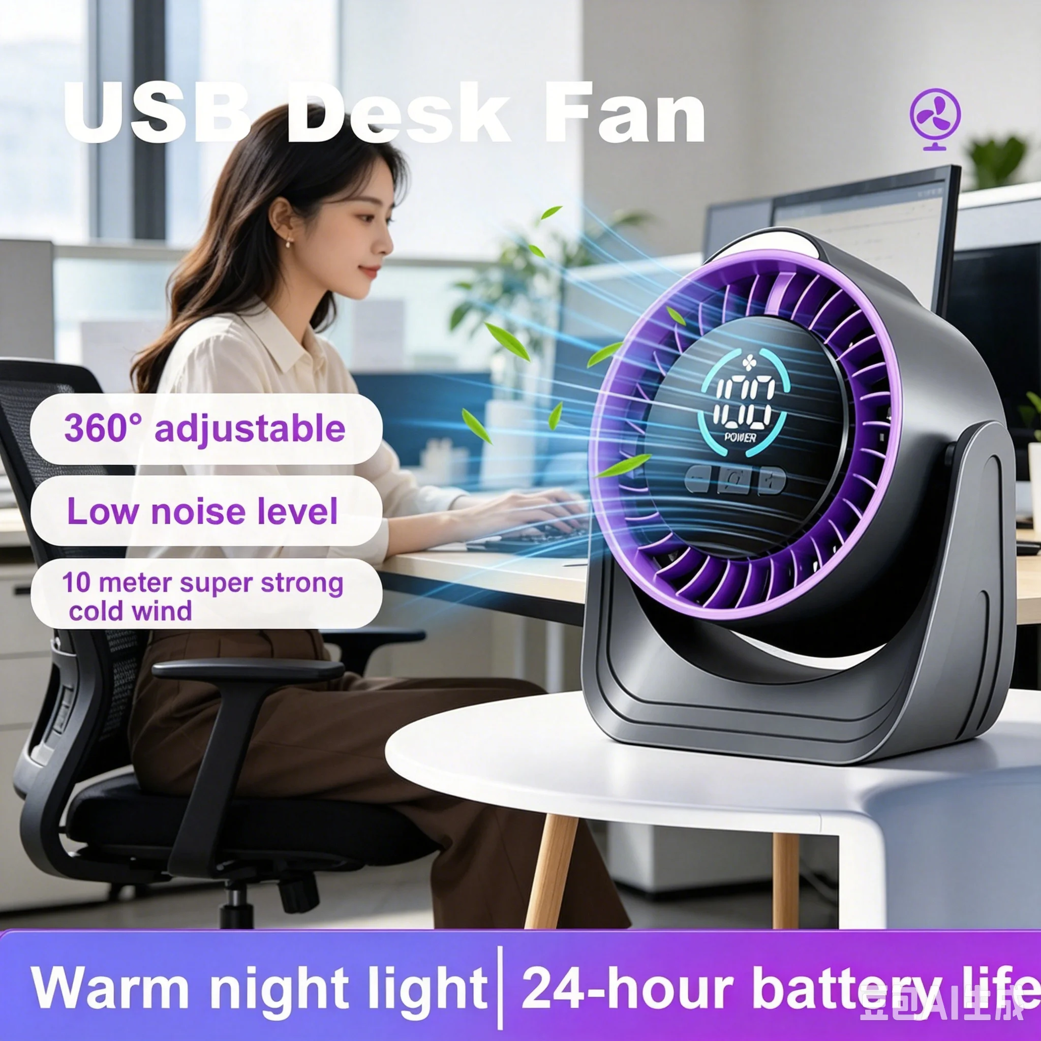 ZNLYRION Portable Silent Desktop Air Circulator Fan Rechargeable Battery Operated Small Cooling Fan with LED Night Light