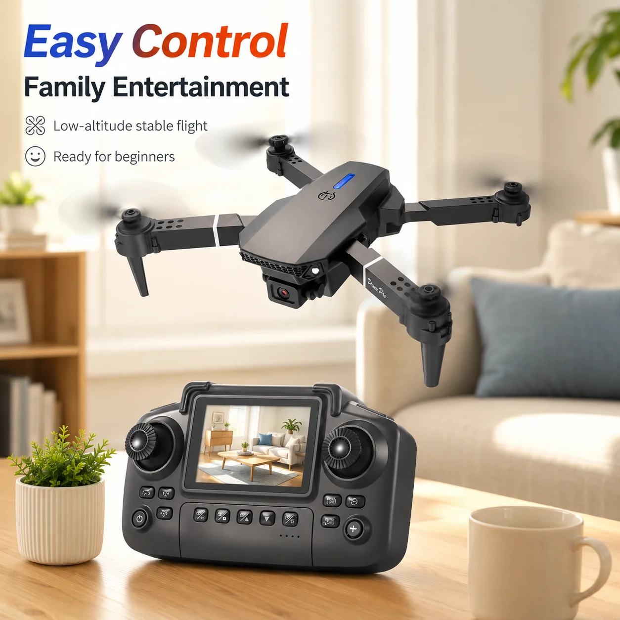 ZNLYRION Foldable FPV Drone E88 Pro with Screen Remote, 480P Dual Camera, Altitude Hold, Headless Mode, and LED Night Light