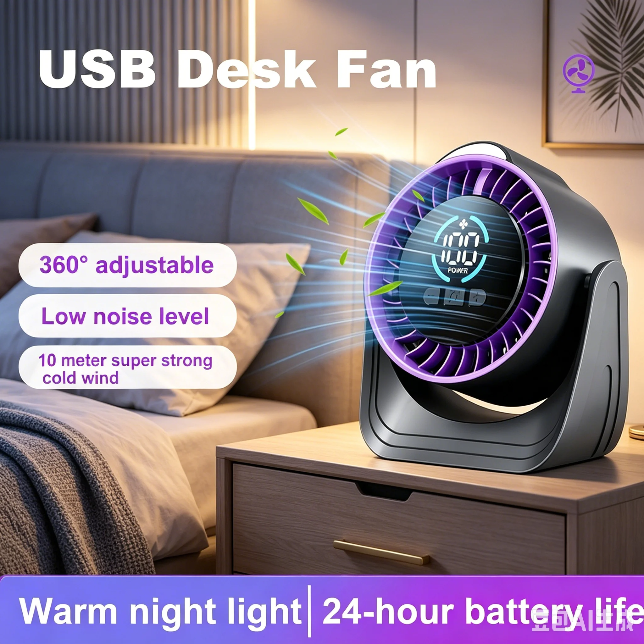 ZNLYRION Portable Silent Desktop Air Circulator Fan Rechargeable Battery Operated Small Cooling Fan with LED Night Light