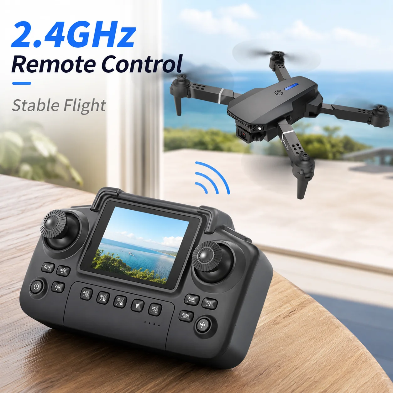 ZNLYRION Foldable FPV Drone E88 Pro with Screen Remote, 480P Dual Camera, Altitude Hold, Headless Mode, and LED Night Light