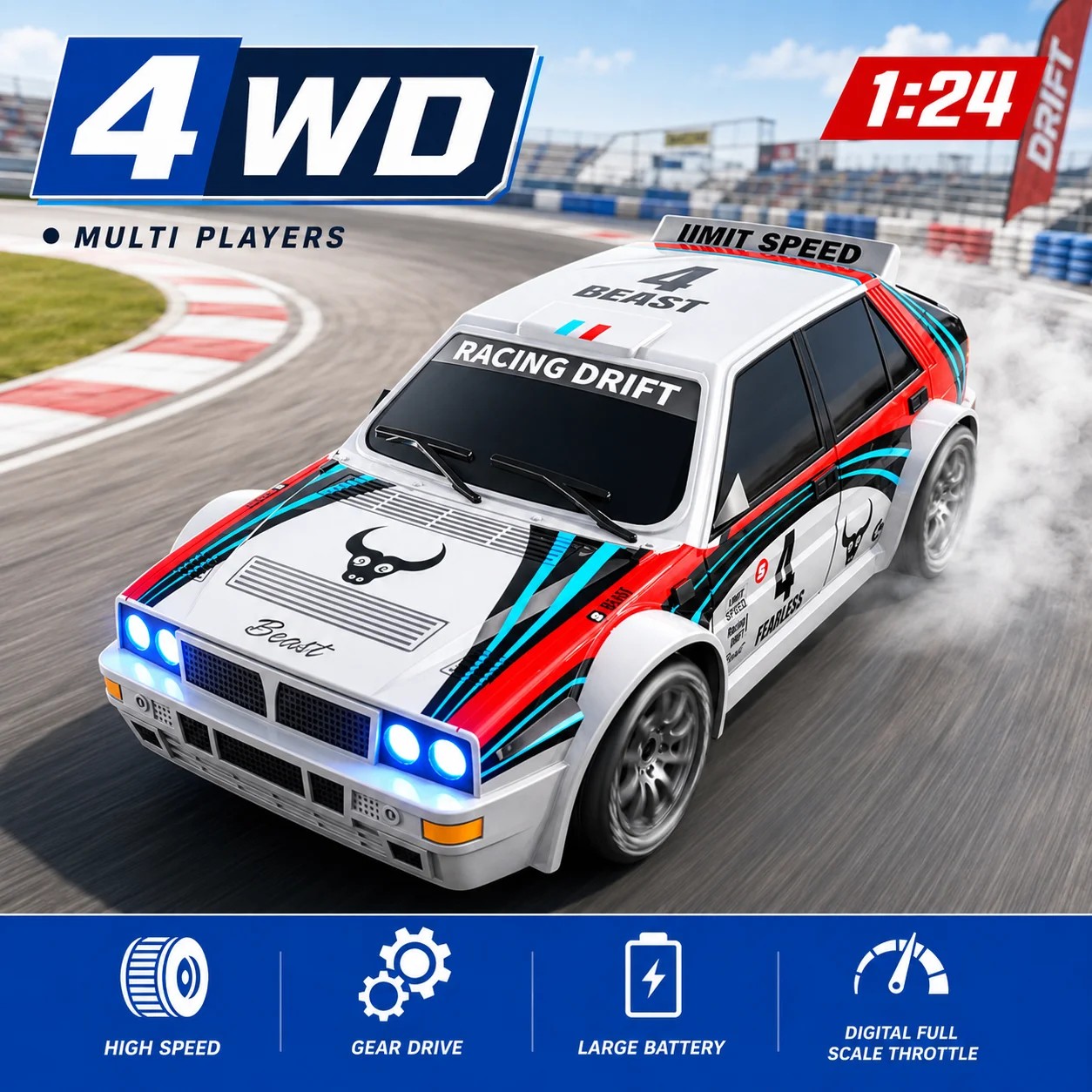 ZNLYRION RC Drifting Race Car 1:24 Scale 4 Wheel Drive 20km/h Adjustable High/Low Speed With Spare Drift Tires LED Headlight Taillight RC Toy For Boys Adult