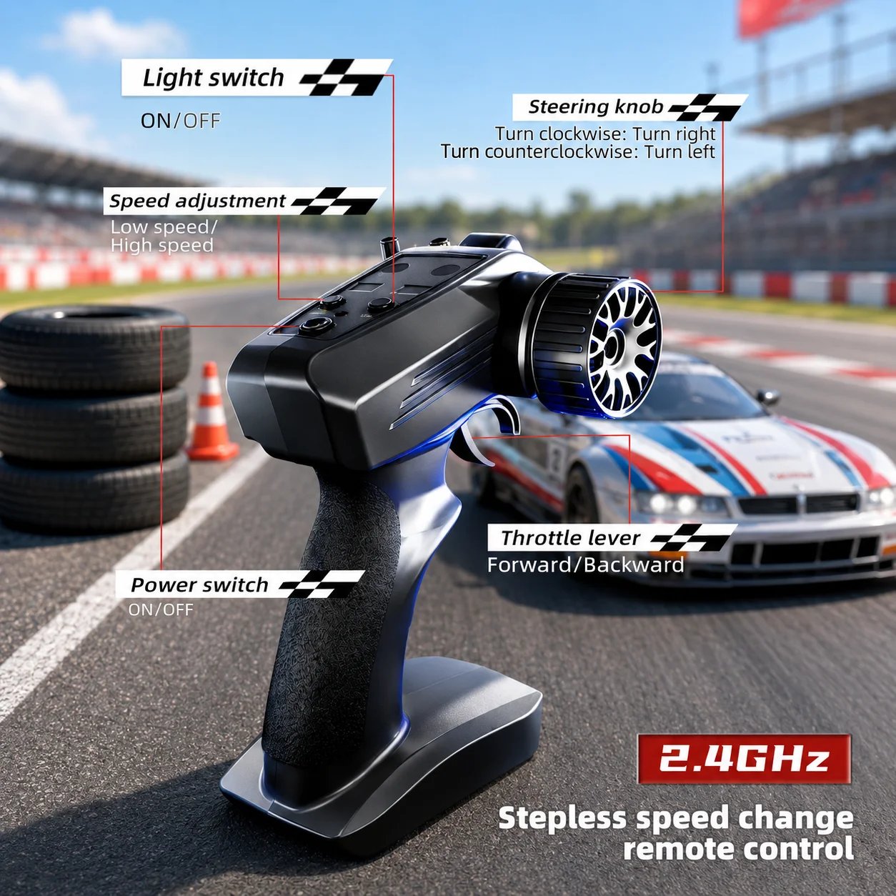 ZNLYRION RC Drifting Race Car 1:24 Scale 4 Wheel Drive 20km/h Adjustable High/Low Speed With Spare Drift Tires LED Headlight Taillight RC Toy For Boys Adult