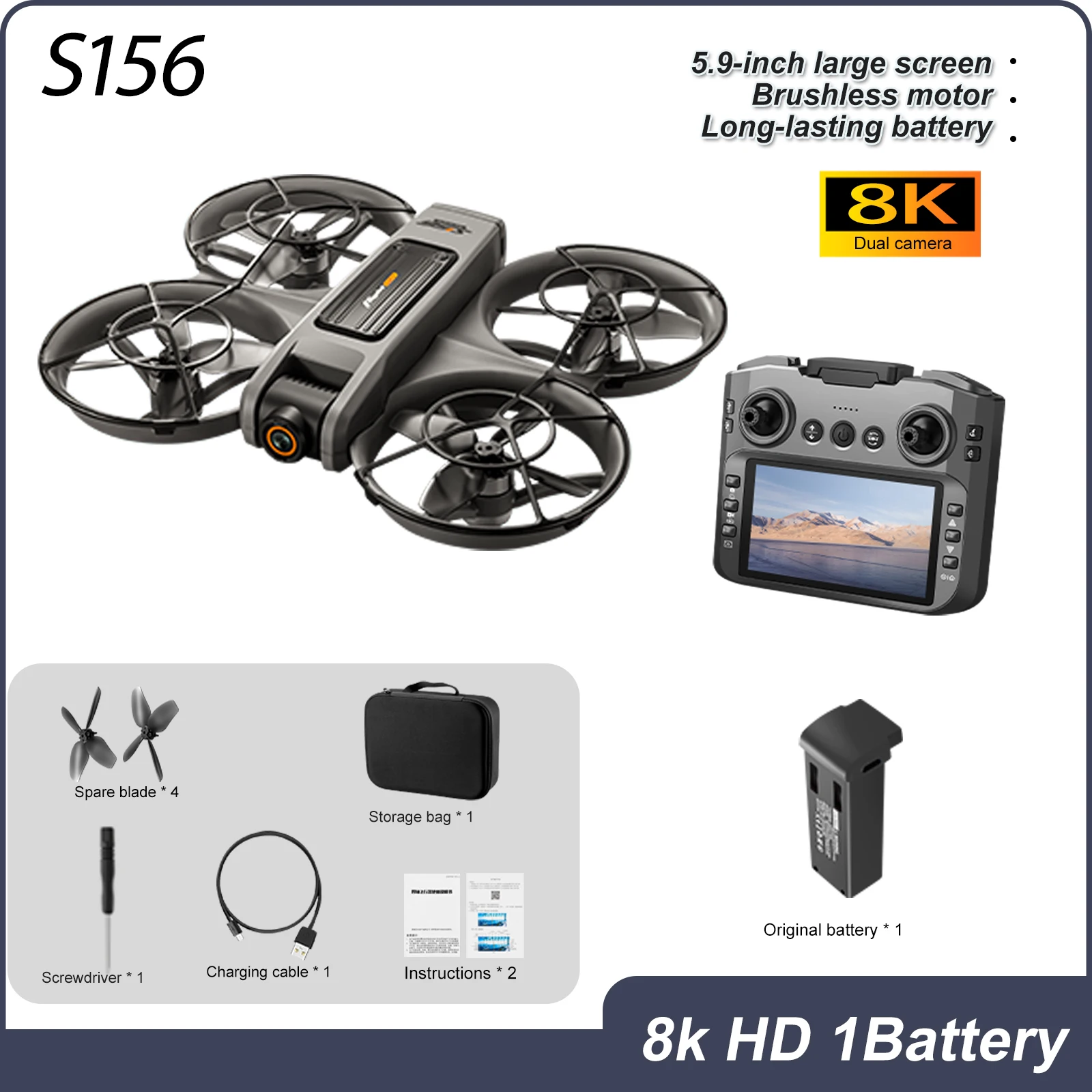ZNLYRION S156 Brushless Drone with 4.5-inch Screen Remote 720P HD Camera 360° Protection Optical Flow Hover 15Mins Flight RC Quadcopter