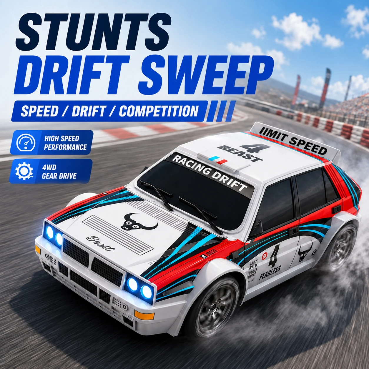 ZNLYRION RC Drifting Race Car 1:24 Scale 4 Wheel Drive 20km/h Adjustable High/Low Speed With Spare Drift Tires LED Headlight Taillight RC Toy For Boys Adult