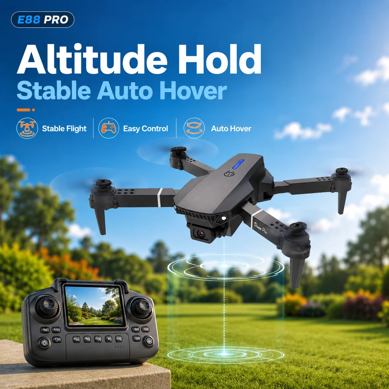 ZNLYRION Foldable FPV Drone E88 Pro with Screen Remote, 480P Dual Camera, Altitude Hold, Headless Mode, and LED Night Light