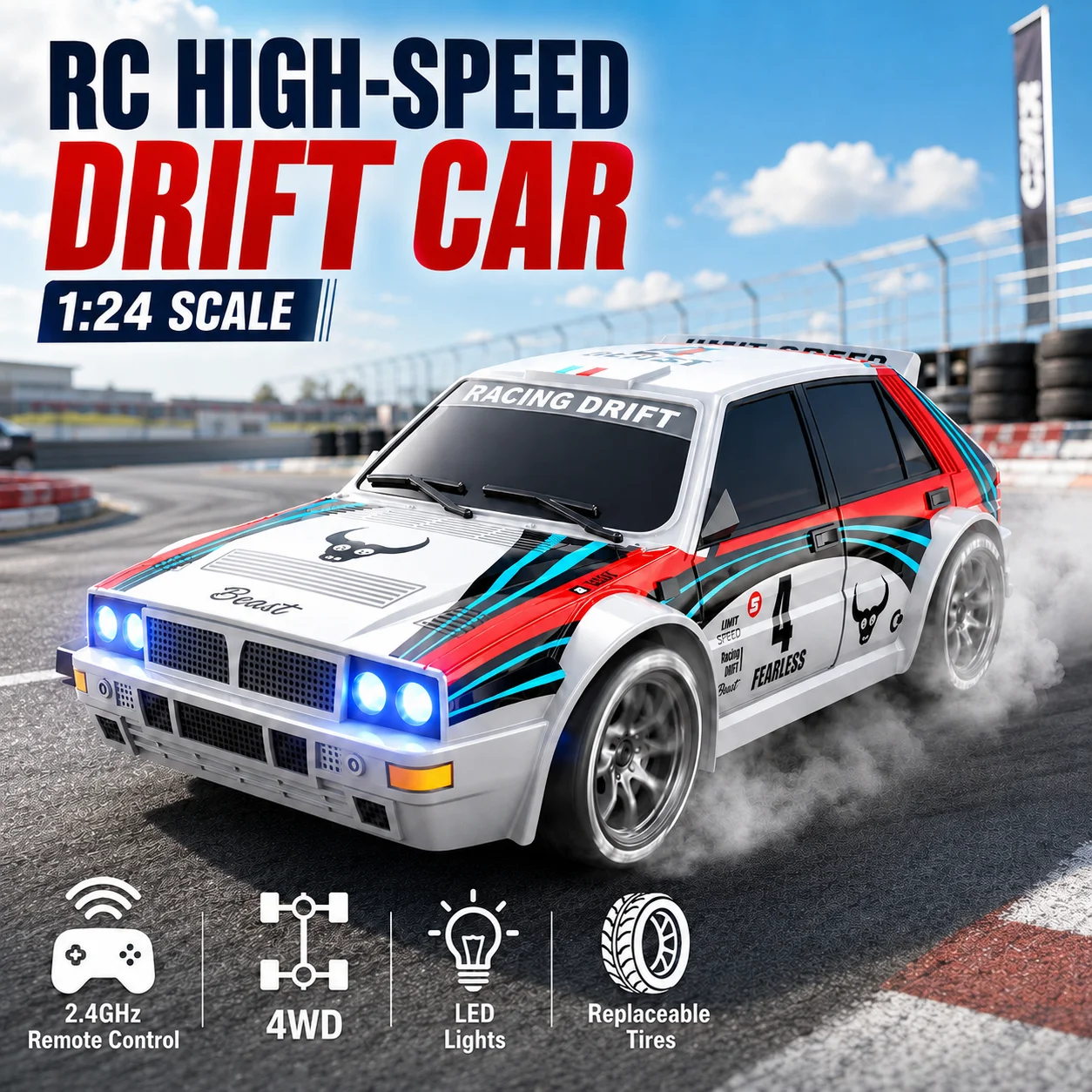 ZNLYRION 204PRO 1:24 4WD RC Drift Car 20KM/H High Speed 2.4G Remote Control Racing Car With 2 Sets Tires Front&Rear LED Lights 2 Speed Mode Hobby RC Vehicle