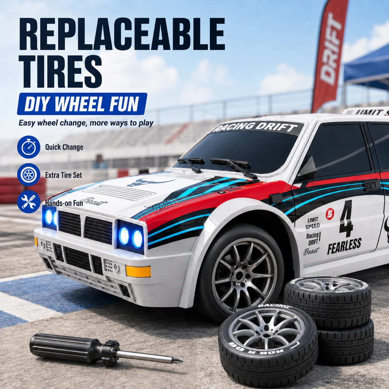 ZNLYRION RC Drifting Race Car 1:24 Scale 4 Wheel Drive 20km/h Adjustable High/Low Speed With Spare Drift Tires LED Headlight Taillight RC Toy For Boys Adult