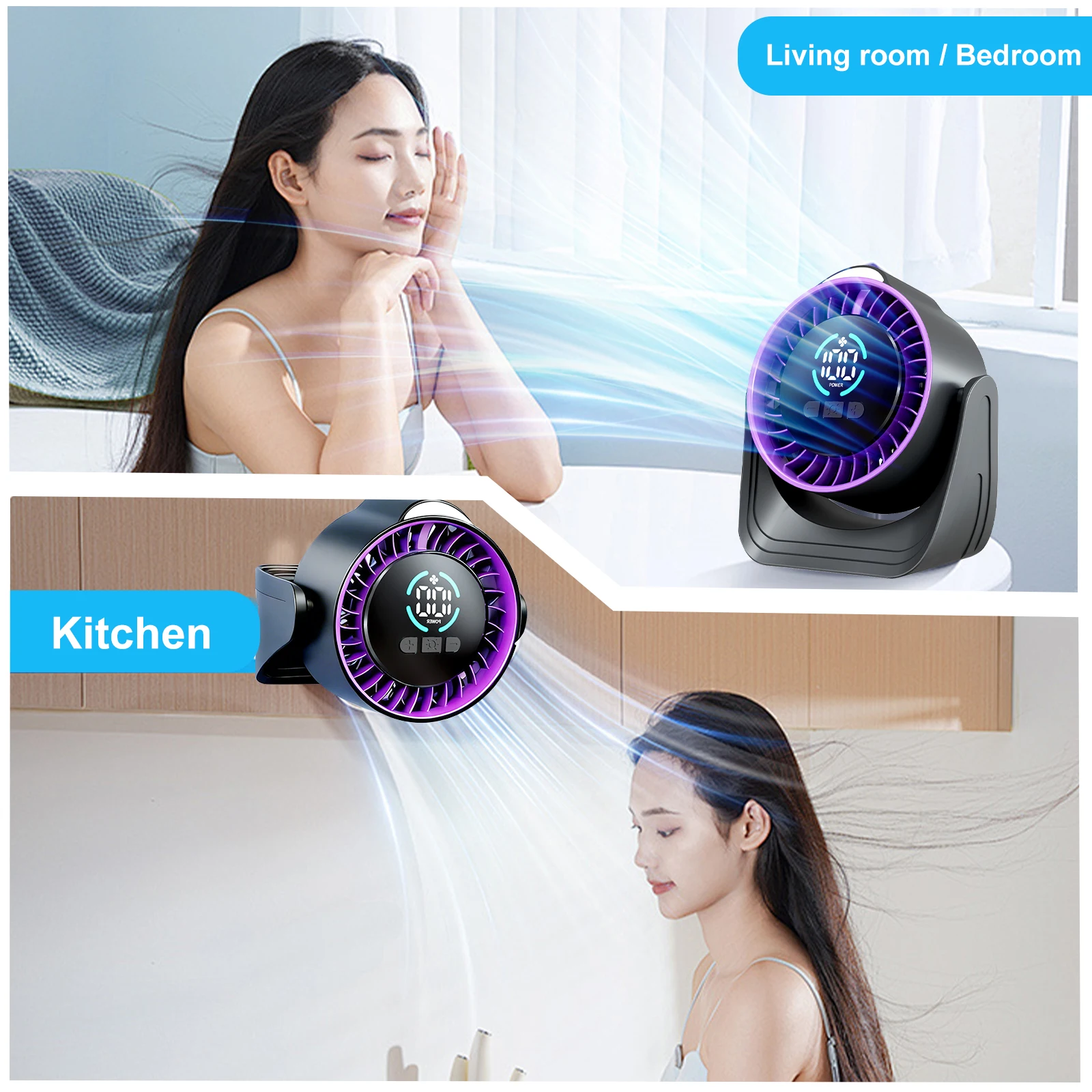ZNLYRION Portable Silent Desktop Air Circulator Fan Rechargeable Battery Operated Small Cooling Fan with LED Night Light