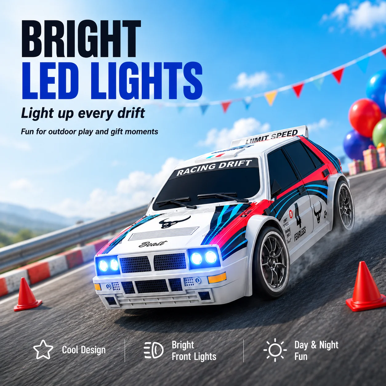 ZNLYRION RC Drifting Race Car 1:24 Scale 4 Wheel Drive 20km/h Adjustable High/Low Speed With Spare Drift Tires LED Headlight Taillight RC Toy For Boys Adult