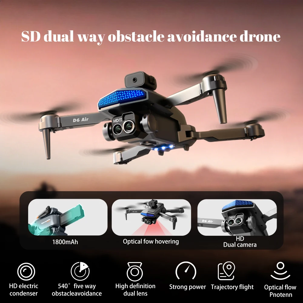 ZNLYRION D6 Air Foldable RC Drone 4K Dual Camera 5-Side Obstacle Avoidance Optical Flow Hover 2.4G WIFI FPV APP Control One Key Return Quadcopter Toy