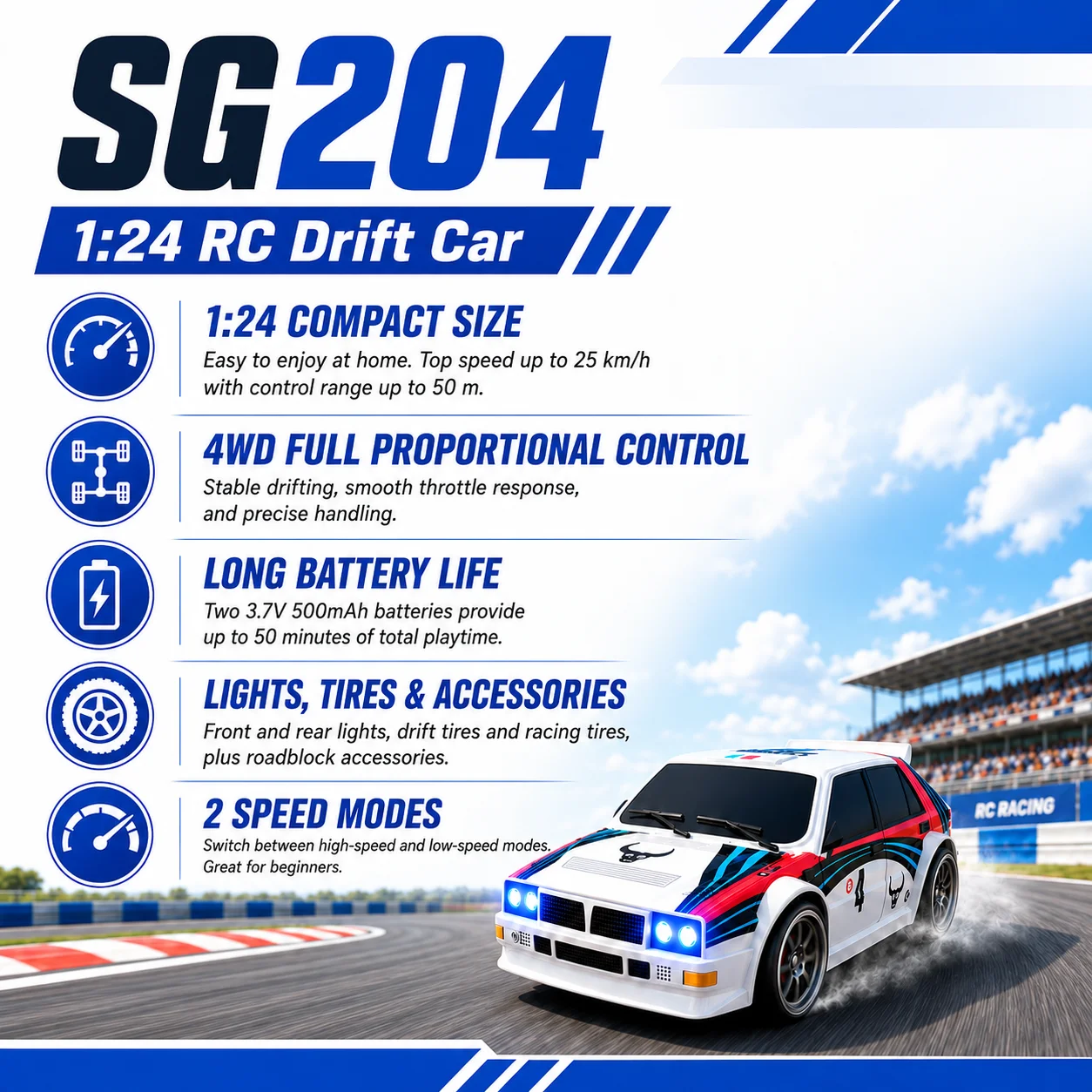 ZNLYRION RC Drifting Race Car 1:24 Scale 4 Wheel Drive 20km/h Adjustable High/Low Speed With Spare Drift Tires LED Headlight Taillight RC Toy For Boys Adult