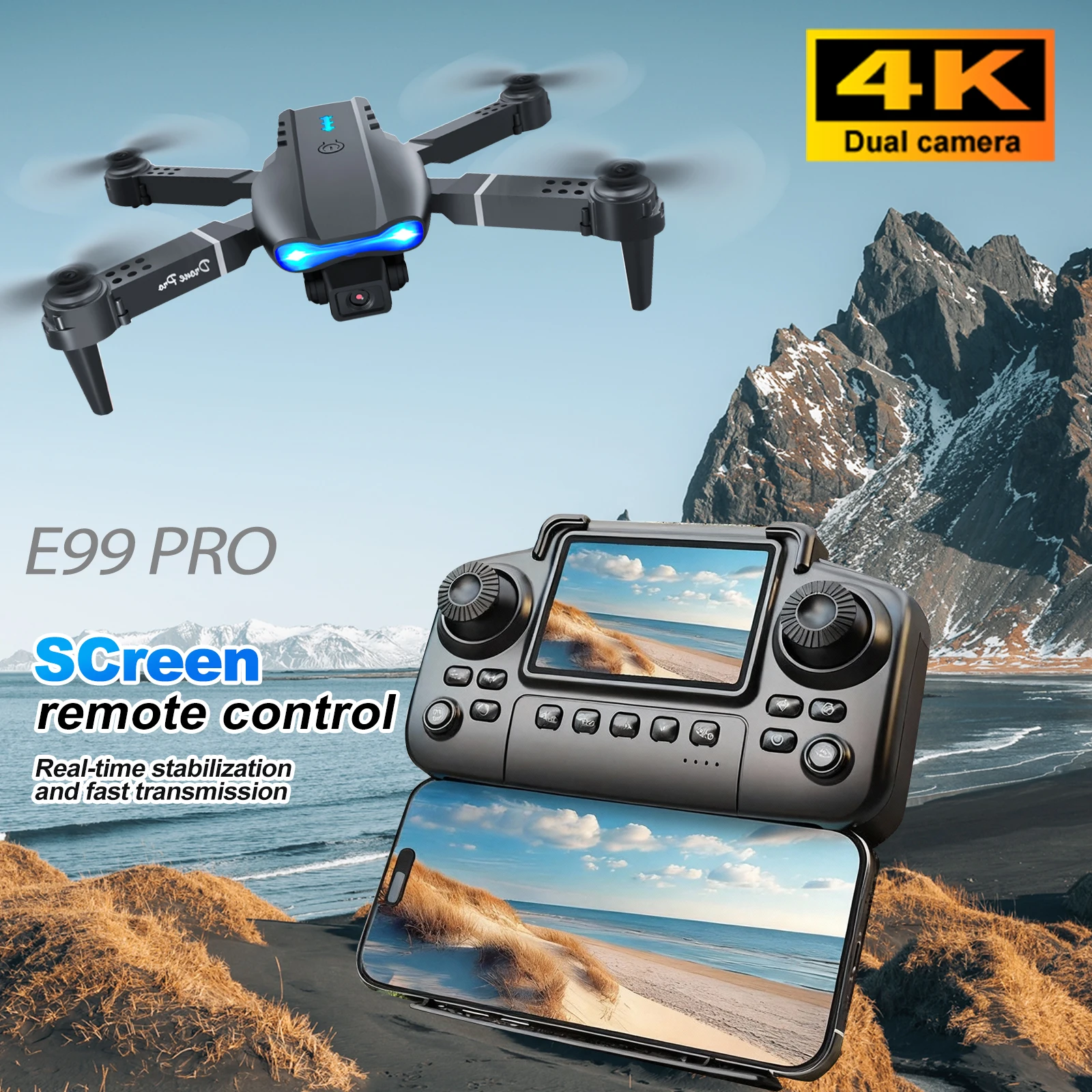 ZNLYRION RC Drone 4K Dual Camera E99 PRO Optical Flow Obstacle Avoidance Foldable FPV Quadcopter Toy for Beginners