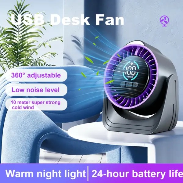 ZNLYRION Portable Silent Desktop Air Circulator Fan Rechargeable Battery Operated Small Cooling Fan with LED Night Light